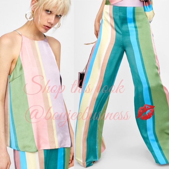 ZARA Pastel Striped Open Back Halter Top & Flowy Palazzo Pants 2pc Coord Set NWT - Picture 9 of 9